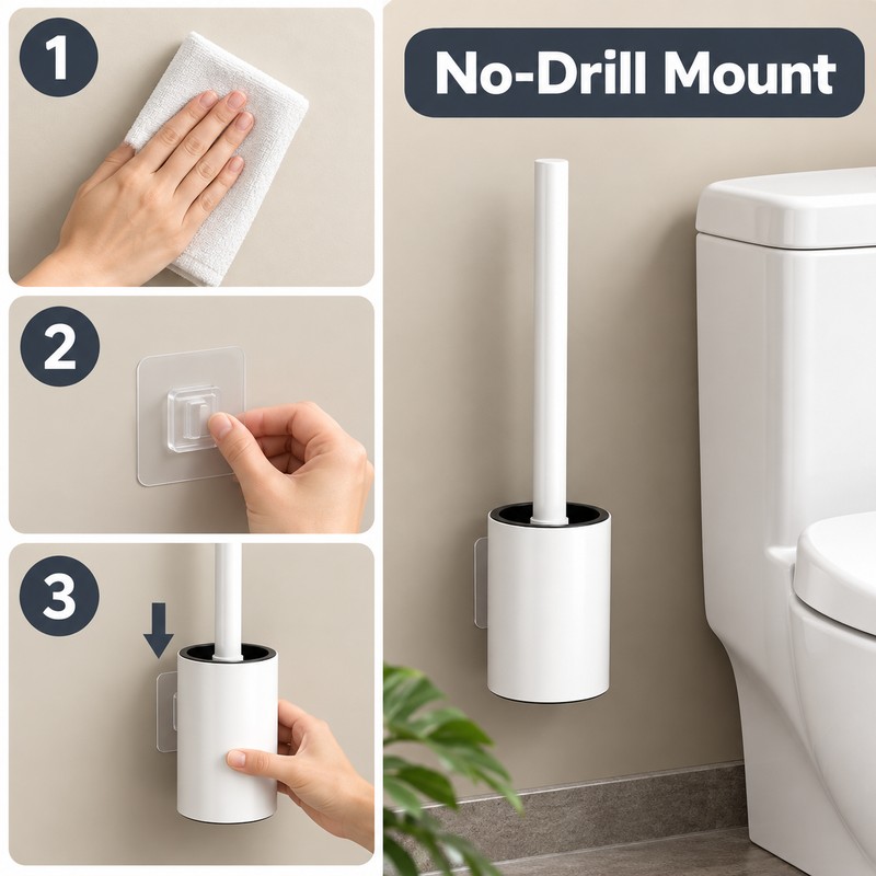 Wall Mounted Toilet Brush and Holder, No-Drill Adhesive Bathroom Cleaning