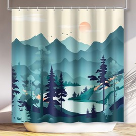 Lokigo Mountain Shower Curtain, Teal Shower Curtain for Bathroom, Cool Green Shower Curtain Nature Shower Curtain with Hooks, Watercolor Misty Forest Sun Sunset Landscape Shower Curtain, 72Wx72H Inch