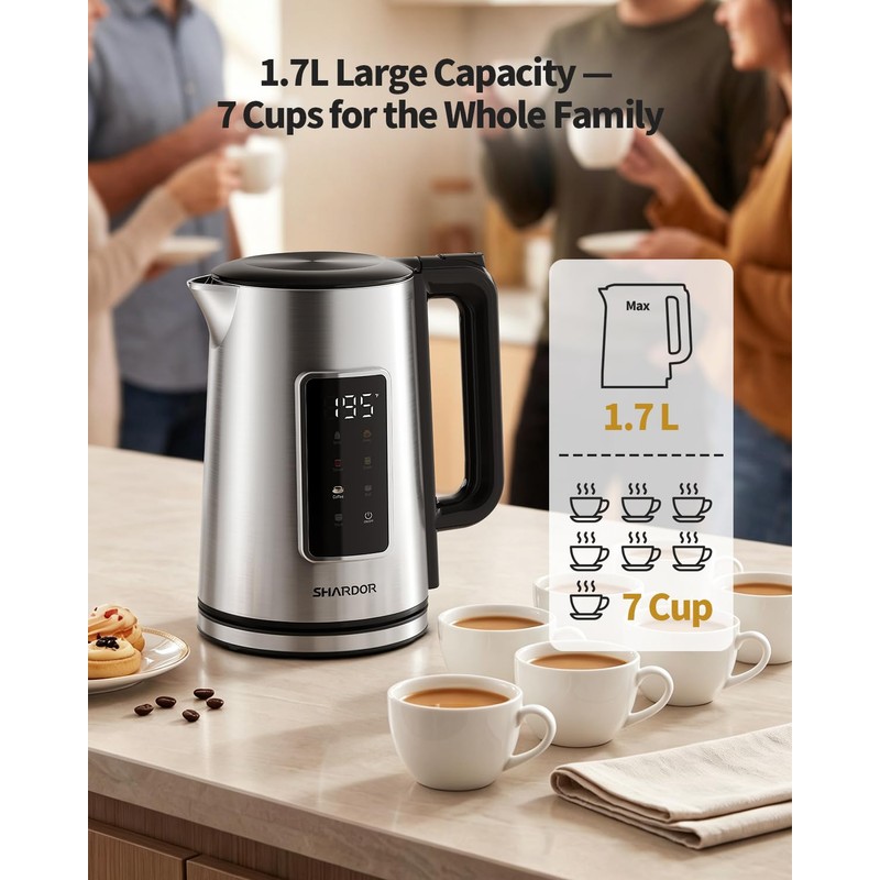SHARDOR Electric Kettle 1.7L Stainless Steel, One Touch Start, Auto