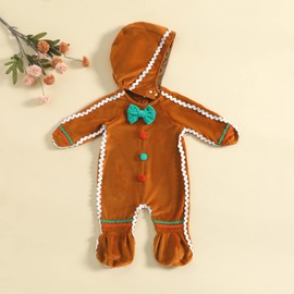 Adobabirl Baby Gingerbread Costume Boy Girl Christmas Outfit Gingerbread Onesie Footies Romper with Hat Cute Cosplay Outfit (Brown,3-6 Months)