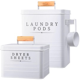Yaocom 2 Pcs Laundry Pod Container with Dryer Sheet Holder for Laundry Room Farmhouse Detergent Storage Box with Lid Handle Metal Laundry Dryer Sheet Dispenser Laundry Room Organization Decor (White)
