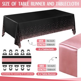 Tudomro 16 Pieces Disposable Tablecloth Plastic Rectangle Table Cloth Table Cover 54 x 108 Inch with 12 x 108 Inch Satin Table Runner for Wedding Birthday Party Decorations (Rose Gold and Black)