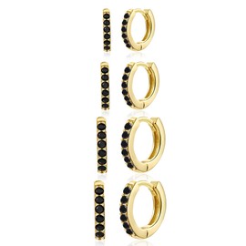 Gokeey Gold Earrings Set for Women, 14K Gold Plated Cubic Zirconia Hoop Earrings Set Sterling Silver Post Small Huggie Earrings for Women (Black, Yellow Gold)