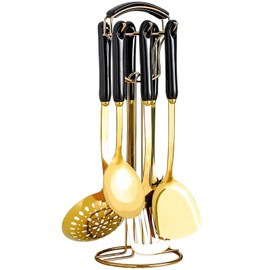 Novellus 7pcs Stainless Steel Kitchen Utensils Set with Holder, Kitchen Accessories for Cooking Includes Soup Ladle, Metal Spatula, Slotted Spoon, Slotted Spatula, Pasta Spoon, Black Gold