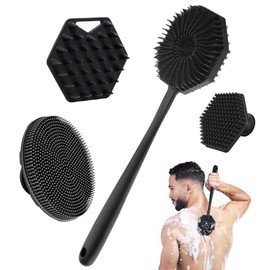 Juego de 4 cepillos de baño de silicona, cepillo suave de silicona para el cuerpo, cepillo de baño con mango largo, cepillo de baño exfoliante suave, esponja para la espalda, cepillo para el cuerpo, esponja para el cuerpo (black)