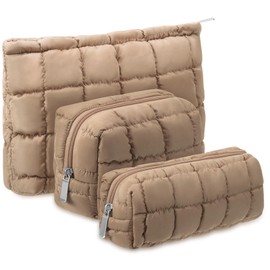 Huhumy 3 Pcs Puffy Makeup Bag Quilted Cosmetic Pouch for Women Cute Checkered Travel Toiletry Bag Puffer Makeup Organizer Purse Pouch Preppy Pencil Case with Zipper (Brown)