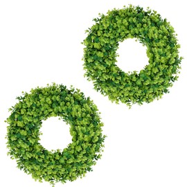 PLANT'D 2Pack 18in Boxwood Wreaths, Artificial Preserved UV Resistant Green All SeasonsWinter Spring Summer Door Wreaths for Front Door Outdoor Indoor Farmhouse Porch All Year Round