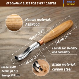 BeaverCraft, Wood Carving Bent Gouge K8a/14 0.55" - Spoon Carving Tools - Woodworking Hand Chisel Compact Wood Carving Knife for Beginners and Profi - Hobbies for Adults and Kids - Carbon Steel Blade