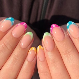 French Tip Press on Nails Almond Fake Nails Star False Nails Press ons with Colorful French Tip Design - Reusable Acrylic Nails Glossy Full Cover Artificial Stick on Nails for Women Manicure 24 Pcs