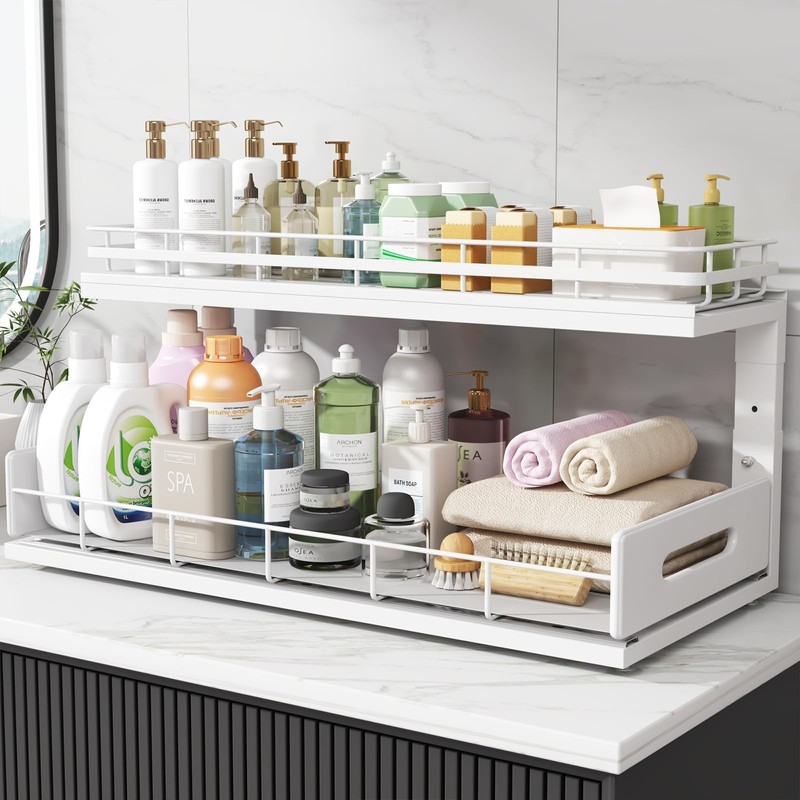 Biboraya Under Sink Organizer Upgrade To Professional Rails,2-Tier Dual Pull