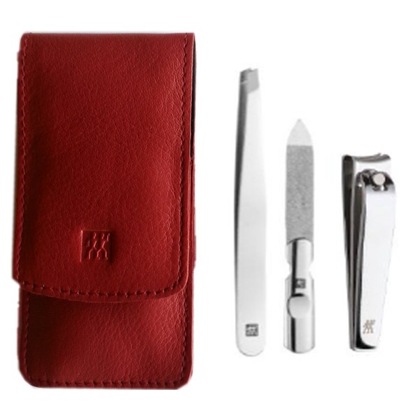 Zwilling Classic Inox manicure set nail care Manicure Case Cowhide Leather Pocket Case – Red, 3 Parts