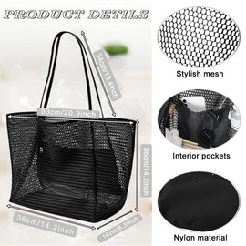 Large Mesh Beach Tote Bag, Foldable Oversized Lightweight Grocery Storage Net Bag Handbag for Women with Zipper Pocket Toys Towels for Family Travel Waterproof Pool Bag Vacation Beach Trip