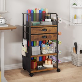 Wrapping Paper Storage Cart with 2 Fabric Drawers, Side Pockets and Hooks, Wrapping Paper Organizer Holder, Rolling Craft Storage Cart with Lockable Wheels for Gift Bags, Ribbons and Vinyl Rolls