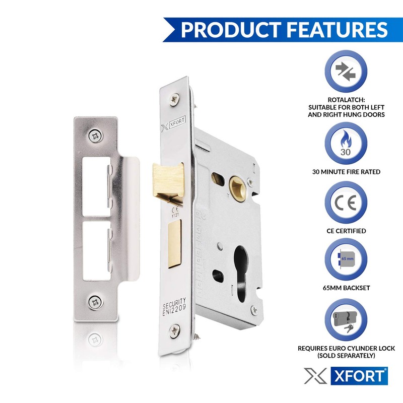 XFORT® Polished Chrome Euro Profile Sashlock 65mm, Euro Sash Lock