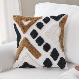 IKATYARN 18 x 18 Inches Geometric Tufted Chenille Throw Pillow Cover, Boho Modern Decorative Cushion Case, Farmhouse Pillowcase for Couch Sofa Bedroom Living Room, Tan Charcoal White