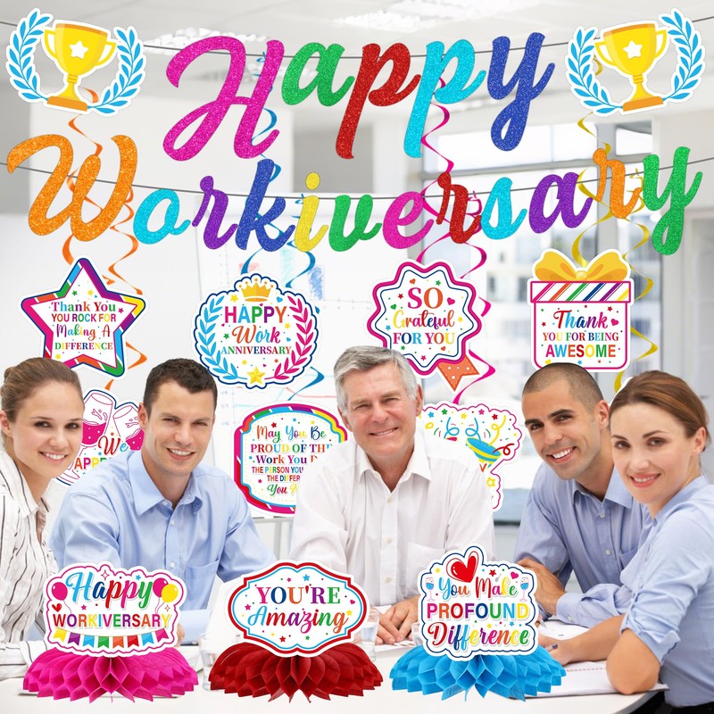 13 Pcs Work Anniversary Decorations, Happy Workiversary Banners with Hanging