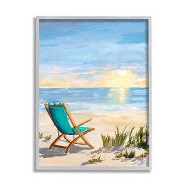 Stupell Industries Folding Chair Sunset Beach Landscape Summer Ombre Sky, Designed by Julie DeRice Gray Framed Wall Art, 16 x 20, Blue