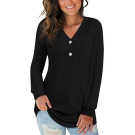 BISHUIGE Womens Button Up Tshirts Long Sleeve Henley Tunic Tops V Neck Casual Sweatshirt M, Black