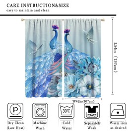 Peacock Blackout Curtains,Beautiful Blue Peacock Butterfly Flower Theme Print Pattern,Living Room Bedroom Window Drapes 2 Panel Set for Girls Boys Room Decor Tie Up Window Curtains Living Room 42x54in