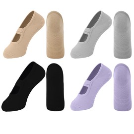 SITAKEGS Yoga Socks, 4 Pairs Women Pilates Cotton Socks with Handles Straps Easy to Put on Non-Slip Yoga Pilates Socks Elastic Straps Gripy Socks for Barre Ballet Fitness Dance, Black, purple, brown,