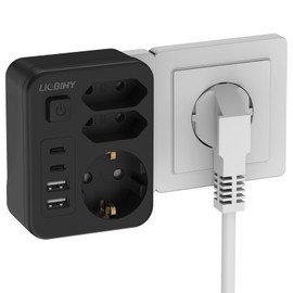 7 in 1 Presa Multipla con 1 Schuko e 2 Prese EU, 3680 W 16 A Nero