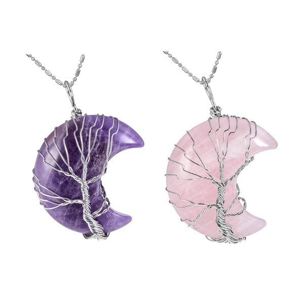 TUMBEELLUWA 2pcs Natural Crystal Wire Wrapped Tree of Life Necklaces Healing Stone Crescent Moon Pendants for Couple, Amethyst + Rose Quartz
