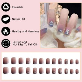 Pack of 24 Press on Nails Square Short, Blue Flower French Artificial Nails with Design, Acrylic False Nails for Sticking, Square Fingernails, Fake Nails for Women and Girls