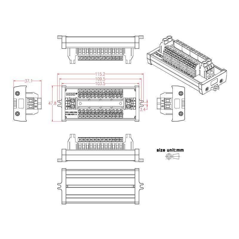 30Amp/300V 2x12 Position Terminal Block Distribution Module (Screw Mount)