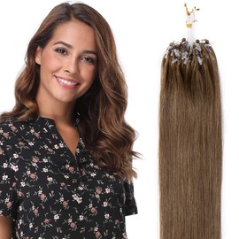 22 inch Micro Loop Human Hair Extensions 100 Strands 100% Remy Invisible Micro Ring Beads Real Hair Extensions Straight (50g,0.5g/s,#6 Light Brown)