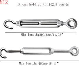 304 Stainless Steel Hook & Eye Turnbuckle Wire Rope Tension Turnbuckle Adjustable, M12 Thread Diameter, Heavy Duty Hook to Eye Turnbuckle, Adjustable Wire Rope Tensioner - (1PCS)