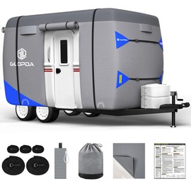 Fiberglass Travel Trailer Cover Fits 8' - 10' Trailers, Anti-Tear 7 Layer Top Camper RV Cover, Superior RV Covers with Windproof Strap, Adhesive Repair Patches