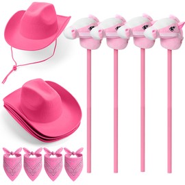 JolliLudo 12 Pcs Cowboy Party Costume Set, Stick Horses with Neighing and Galloping Sounds Hot Pink Cowgirl Hats Paisley Bandanas for Cowboy Rodeo Birthday Party Supplies