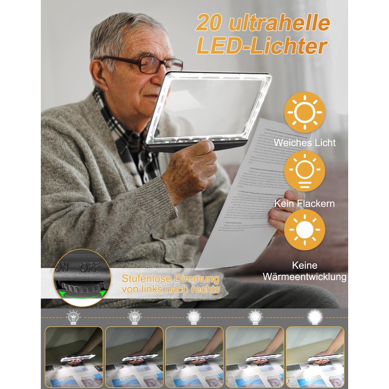 Tobegiga 5X Wiederaufladbare Leselupe mit licht, Handlupe Dimmbarer LED, Leichte