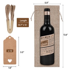 EVRWO Burlap Wine Bags 12 Pcs Wine Bottle Gift Bags With Drawstrings Tags & Ropes for Holiday Weedings Party, Birthdays, Travel, Blind Tastings, Reusable Bag Home Storage 750ml (Natural)