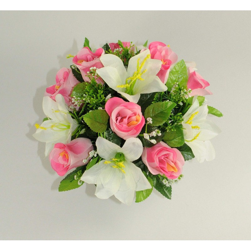 Artificial Grave Flower Arrangement with Pink Roses and White Lilies