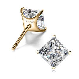 ”STUNNING FLAME “18K Gold Plated Sterling Silver Princess Cut Cubic Zirconia Stud Earrings for men women(4-Y)