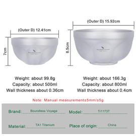 Boundless Voyage Double Walled Titanium Bowl Outdoor Camping Metal Bowl Ultralight Portable Tableware for Oatmeal, Rice, Soup, Yogurt, Salad (500ml+800ml Ti1173t)
