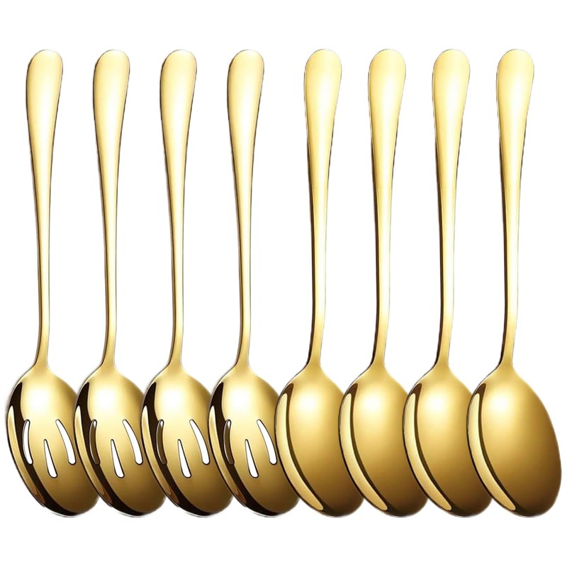 Parthan 8 Pcs Golden Serving Spoons Set, Including 4 Solid