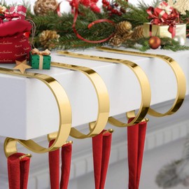 4 Pcs Christmas Stocking Holders for Mantle, Metal Stand Stocking Hooks with Non-Slip Mat, Stocking Hangers for Party Decoration Supplies (Gold)