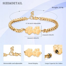 QGJNSGC Pet Paw Cremation Bracelet for Ashes Dog Cat Urn Memorial Jewellery Adjustable Bangle Keepsake Gift for Women Men, Stainless Steel
