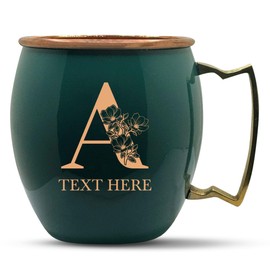 Personalized Custom Copper Moscow Mule with Smooth Painted Finish - Engraved Bar Style 100% Copper Cup with Custom In Bloom Monogram Engraving, Brass Handle | 18 oz, Green