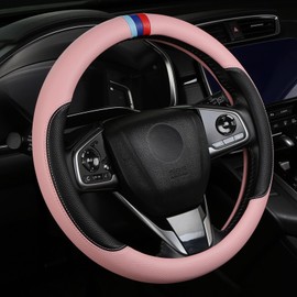 Cxtiy Leather Steering Wheel Cover for Women, Non-Slip Car Wheel Cover Wrap Breathable Microfiber Leather Universal Fit for Most Cars (Pink)