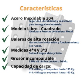 Bisagras Para Puertas De Acero Inoxidable 3x3 Con Baleros 4 Pzas - Reforzadas, Soportan hasta 135 kg - Uso Industrial, Comercial y Residencial, Puerta de Madera, Metal, Cocina, Closet (Negro Mate)