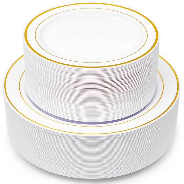 Homy Feel 100PCS Round White Plastic Plates with Rose Gold