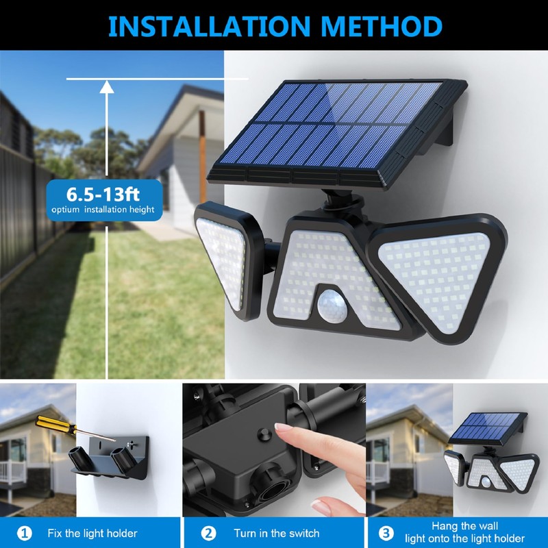 ZOOKKI Solar Outdoor Lights, 3 Heads Motion Sensor Outdoor Lights,