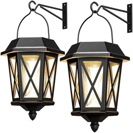 Solar Lanterns Outdoor Waterproof, Hanging Solar Lights with Glass Shade - 2 Pack LED Metal Wall Mount Outdoor Light for Yard/Garden/Patio - Black