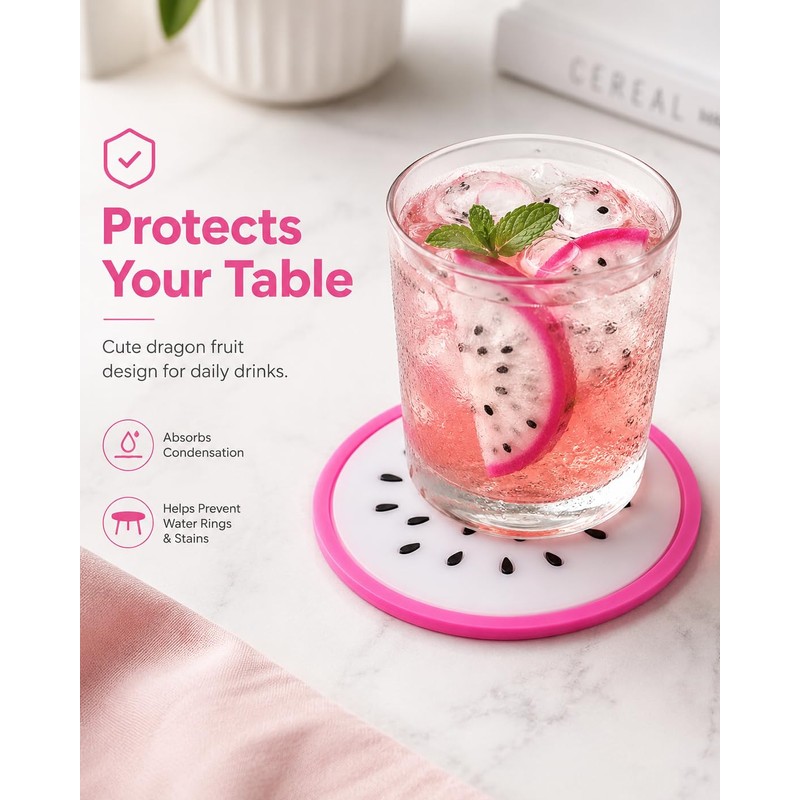 Cute Pink Fruit Drink Coaster for Cups, Mugs and Glasses,