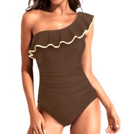 Tempt Me Women Brown White One Piece Swimsuits Tummy Control One Shoulder Bathing Suits Ruffle Swimwear Medium