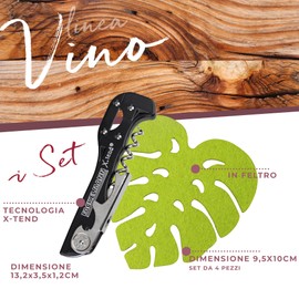 Fackelmann Set Cavatappi Apribottiglie X-Tend e Sottobicchiere in feltro 4 pezzi, cavatappi leva e taglia capsule, per tutti i tipi di bottiglia di vino