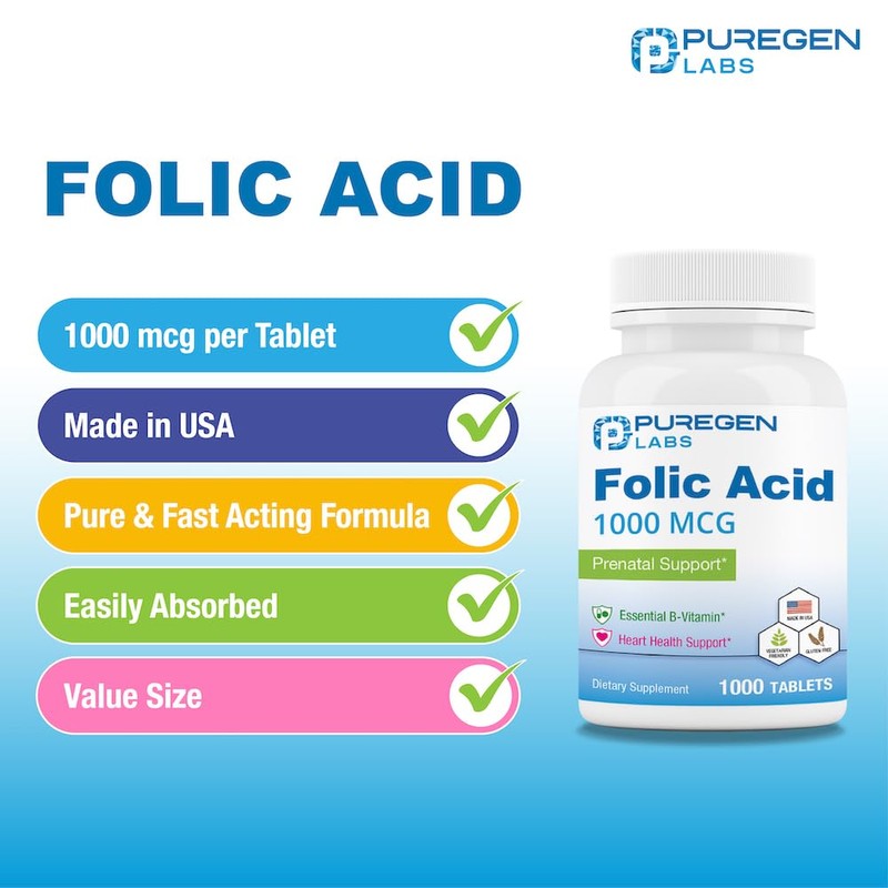 Puregen Labs Folic Acid 1000 mcg Tablets | Vitamin B9